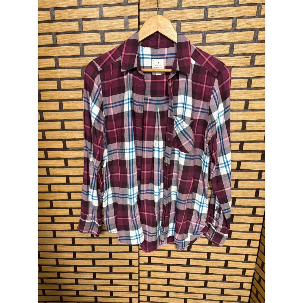 American Eagle Vintage Boyfriend Burgundy Plaid Button‎ Down Shirt Size Small